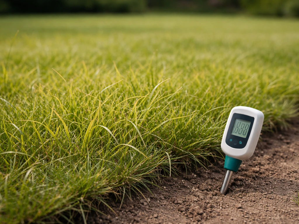 Gele grassprieten met groene nerven en een pH-meter op de rand van een tuinpad