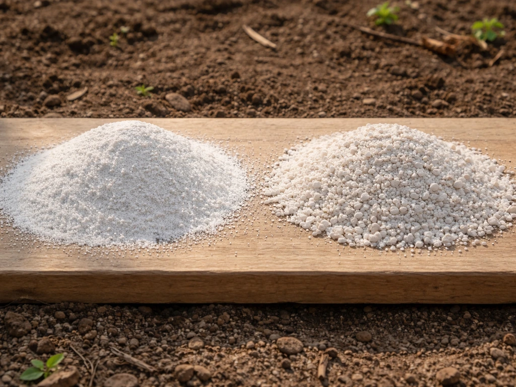 Fijn gemalen tuinkalk en grovere dolomietkalk naast elkaar op een plank, met zichtbare korrelstructuur.