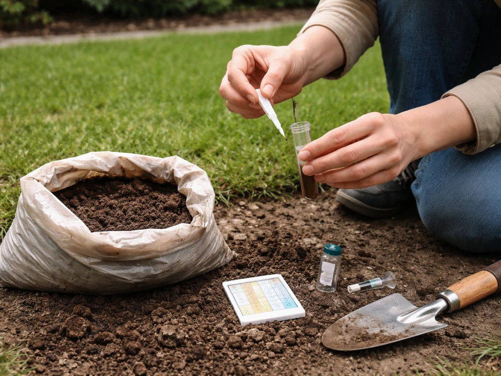 Iemand meet de pH van tuingrond met een bodemtestkit en bekijkt het gras voordat kalken