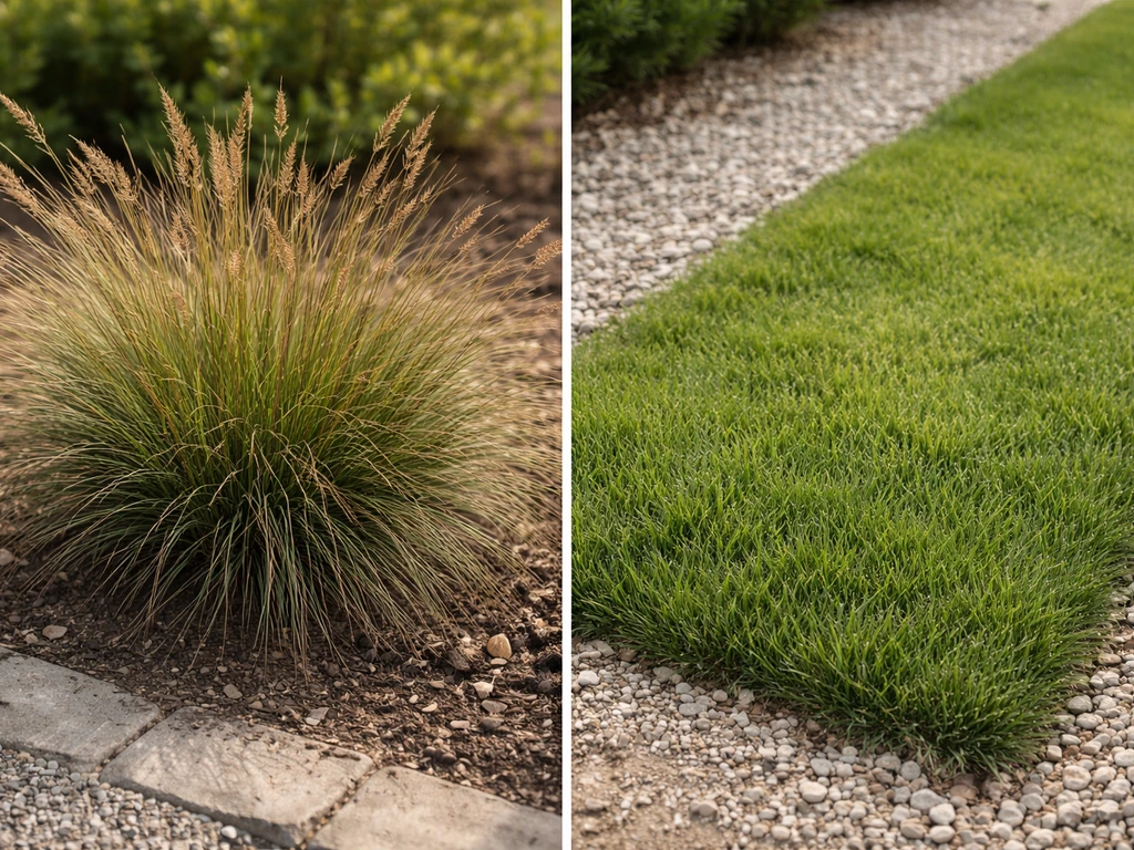 Twee fotohelften: links siergras in polvorm, rechts fijn gazonachtig gras voor gras-variant uitleg