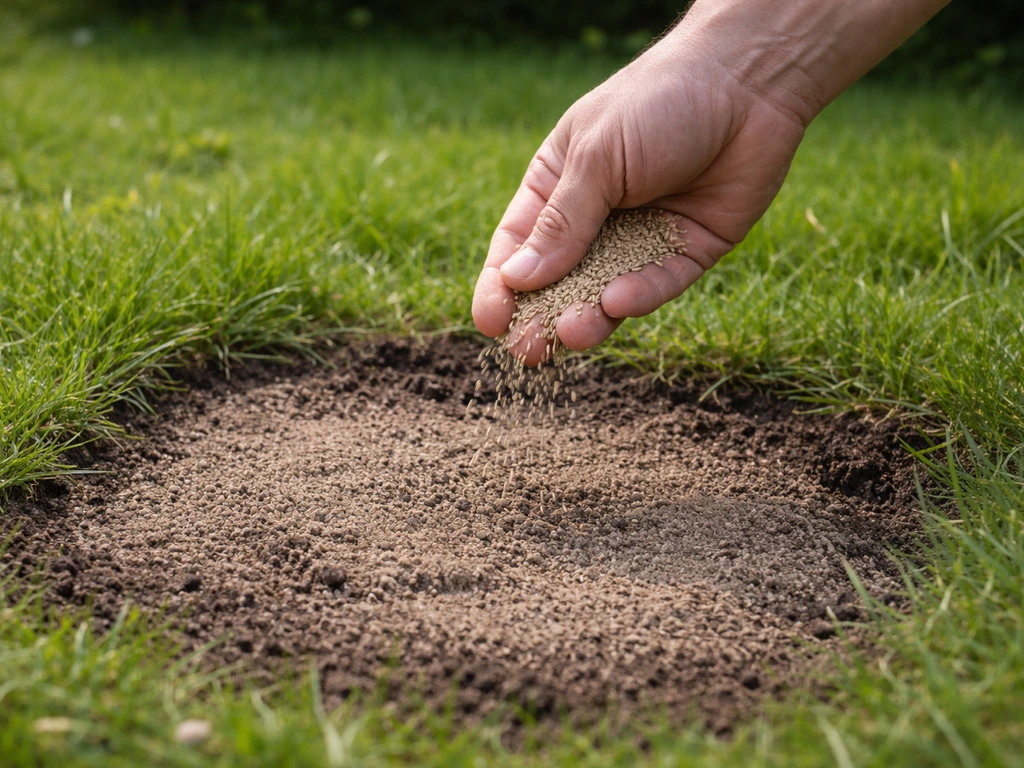 Hand die gazonzaden uitstrooit over kale plekken, met kleine laagje aarde op een tuinbodem