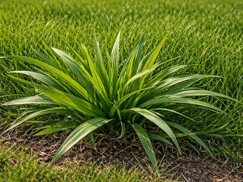 Close-up van breedbladig gras in een gazon naast smalle grassoorten, met duidelijke contrasten in bladbreedte.