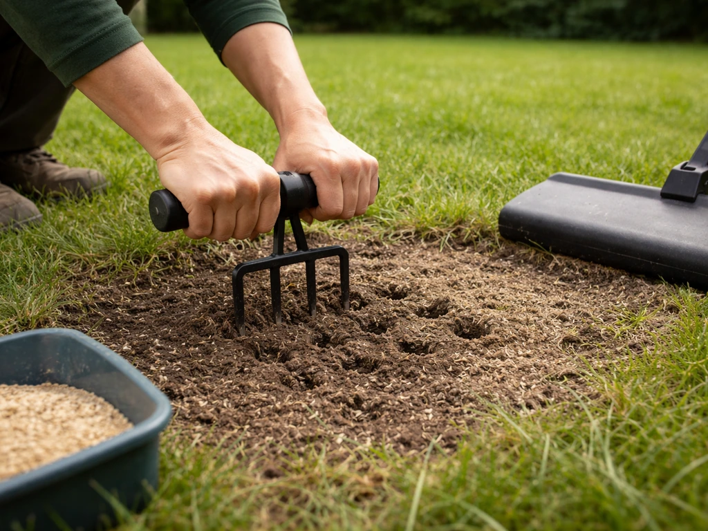 Handen prikken beluchtingsgaten in een kale plek op het gazon en drukken de grond licht aan.