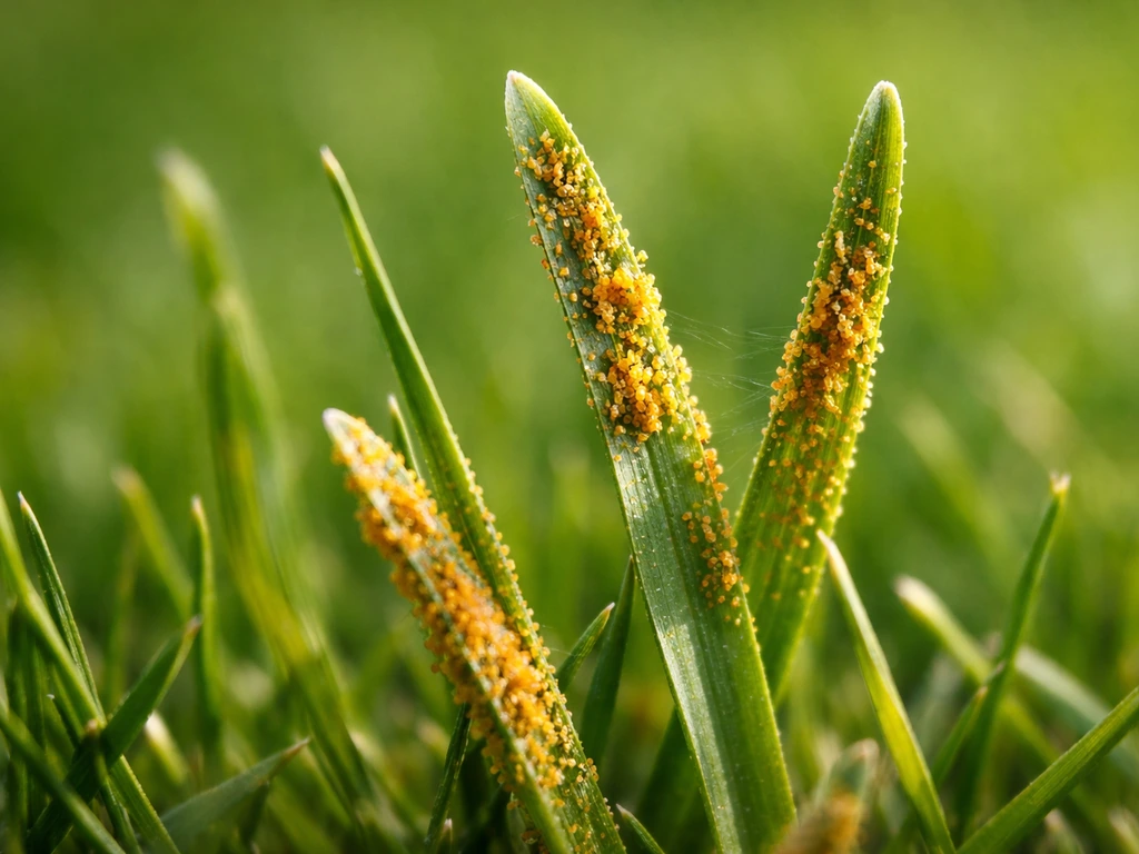 Close-up van grassprieten met oranje roestbruine poederige sporen die kroonroest verraden.