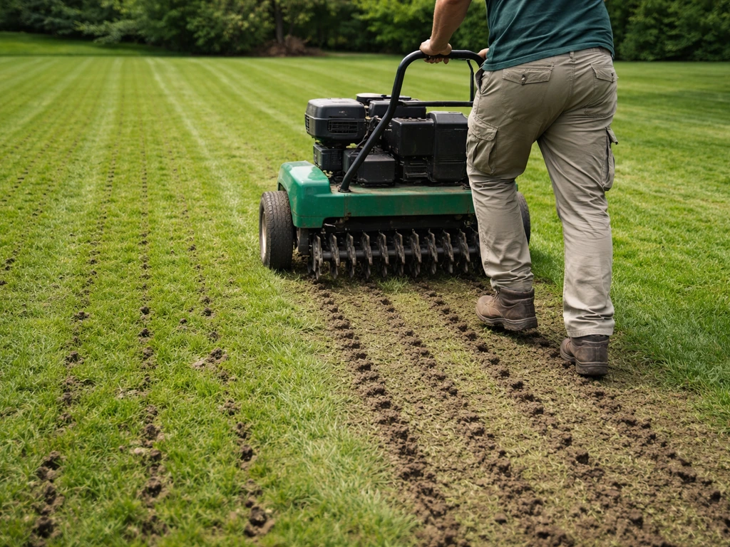 Brede breedtebeluchting van een gazon met een beluchtingsapparaat en holle pennen over een groter oppervlak