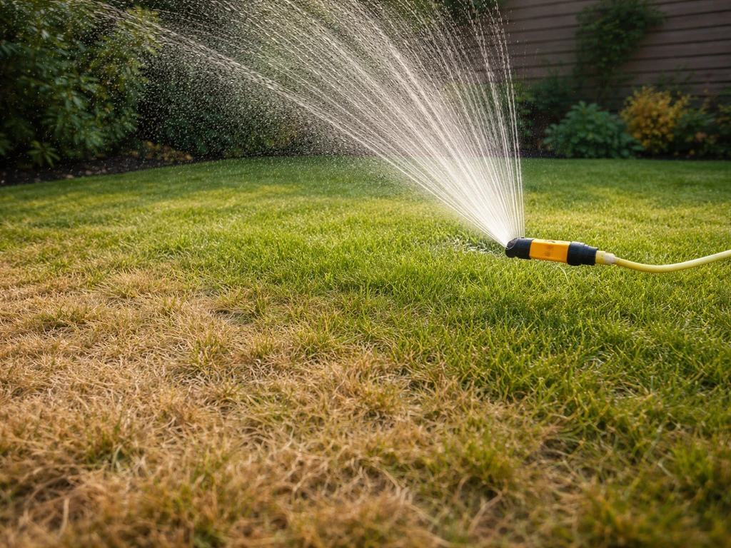 Droog gazon met een sproeier die vroeg in de ochtend water sproeit, zonder mensen in beeld.