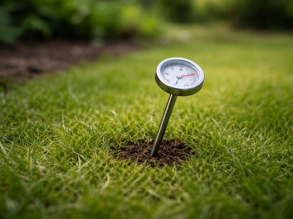 Close-up van een grasmat met een grondthermometer die tot ongeveer 10 cm wordt ingestoken.