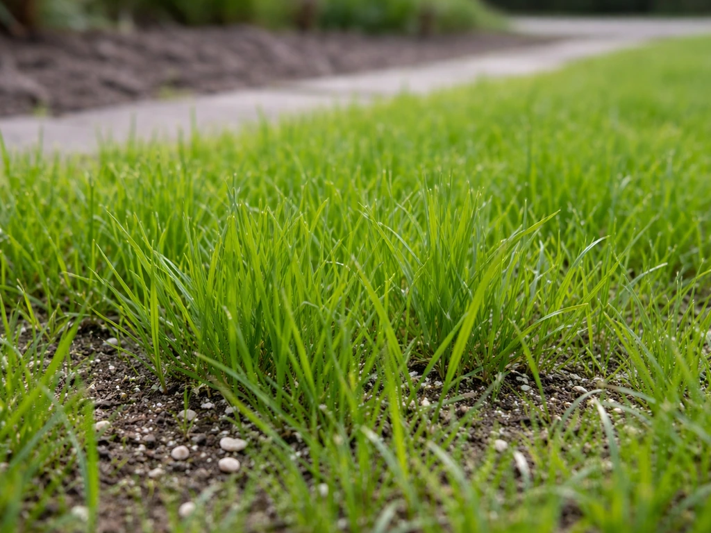 Jong, fris uitlopend gras in het voorjaar, met zichtbare bladgroei en een licht grindpad op de achtergrond.