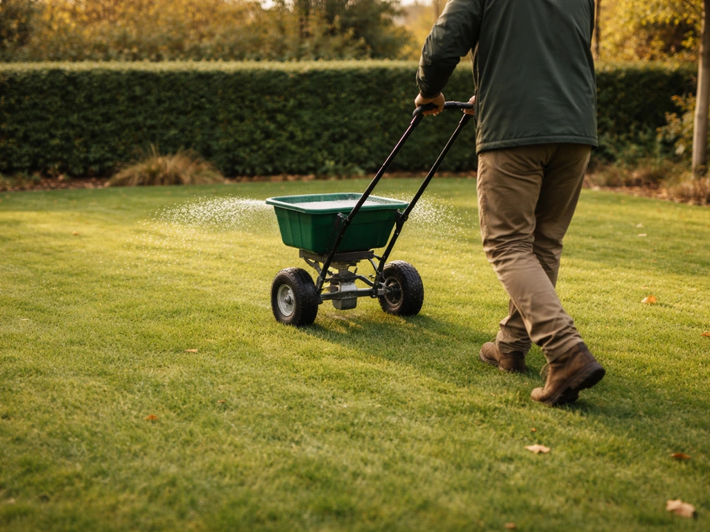Begin oktober gazon waar anonieme tuinier mestkorrels gelijkmatig uitstrooit voor rustiger wintergroei.