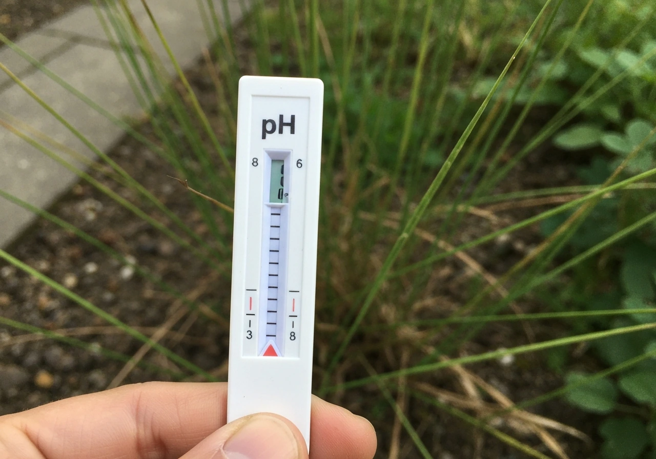 Close-up van een pH-teststrip in gazon-bodem, met focus op bodem-pH meten.