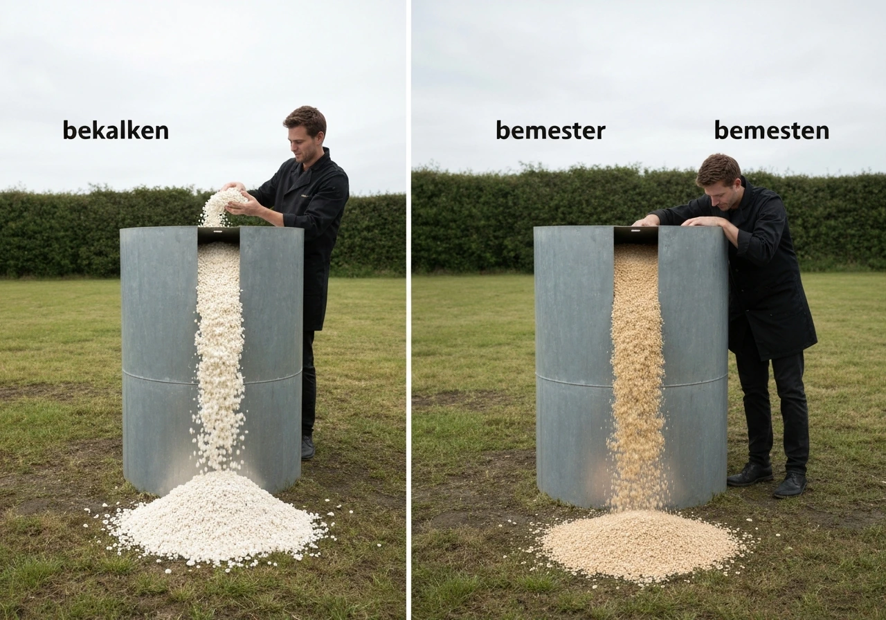 Links kalk op het gazon, rechts later mest—twee losse stappen om niet tegelijk te bemesten.