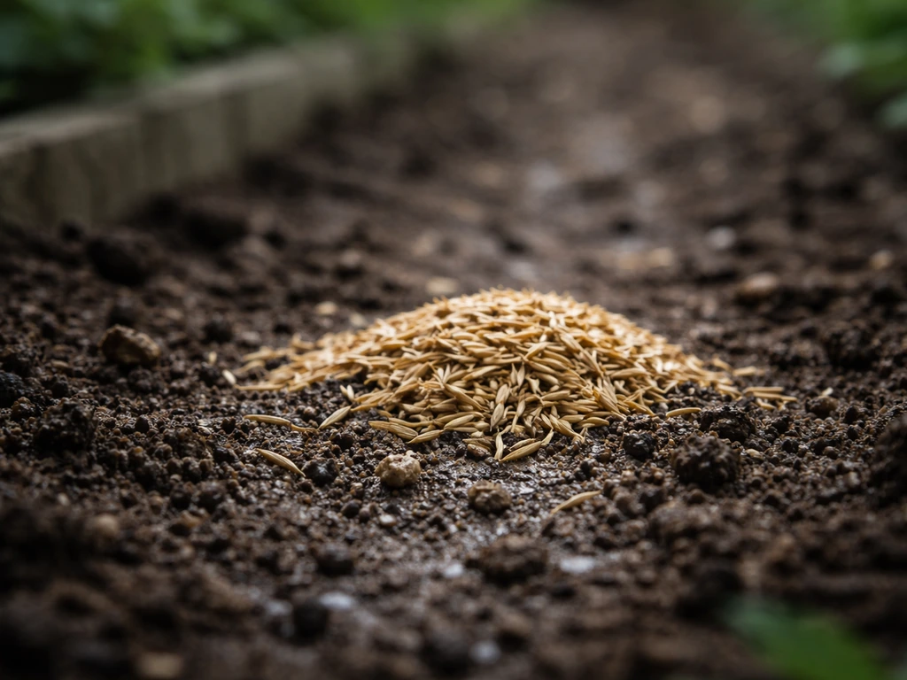 Close-up van graszaad in pas ingezaaide, licht vochtige grond in een Nederlandse tuin.