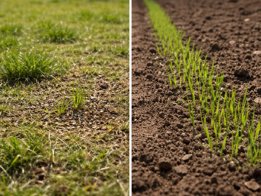Links kieming na doorzaaien op bestaand gazon, rechts kieming op kale grond met jonge grasprieten.