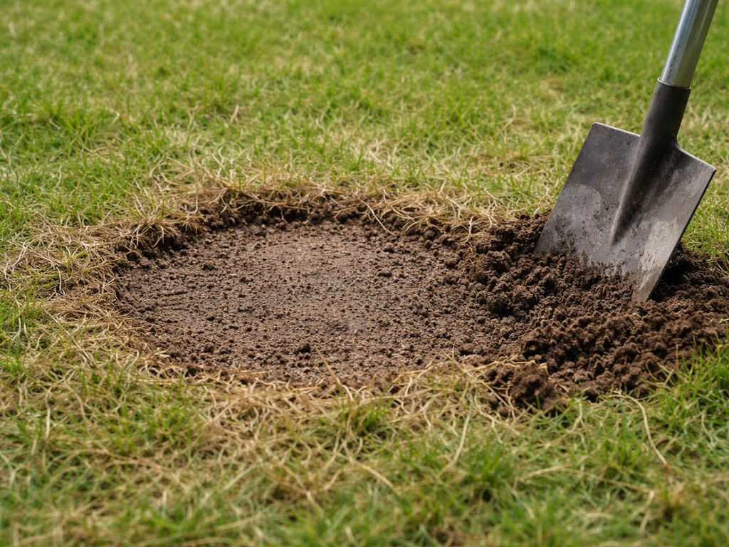 Close-up van een verdichte plek in gras met zicht op natte, minder doorlatende bodem bij bodemuitval.