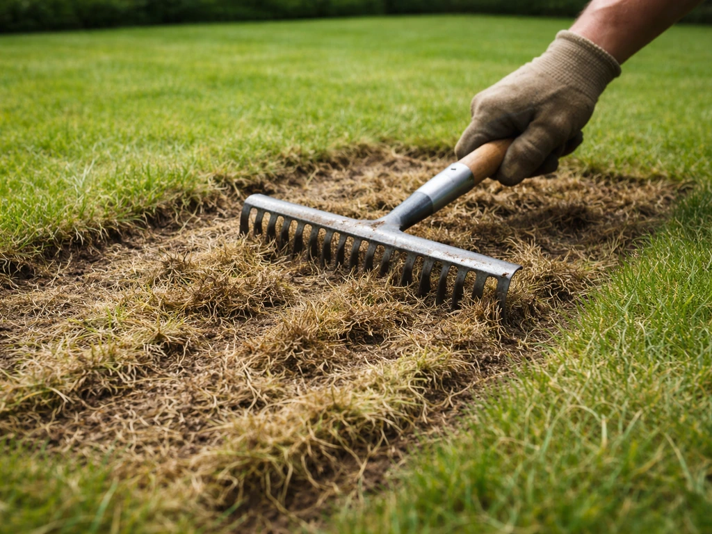 Hand met verticuteerhark haalt vilt en dood gras weg; het gazon is open en losgemaakt.
