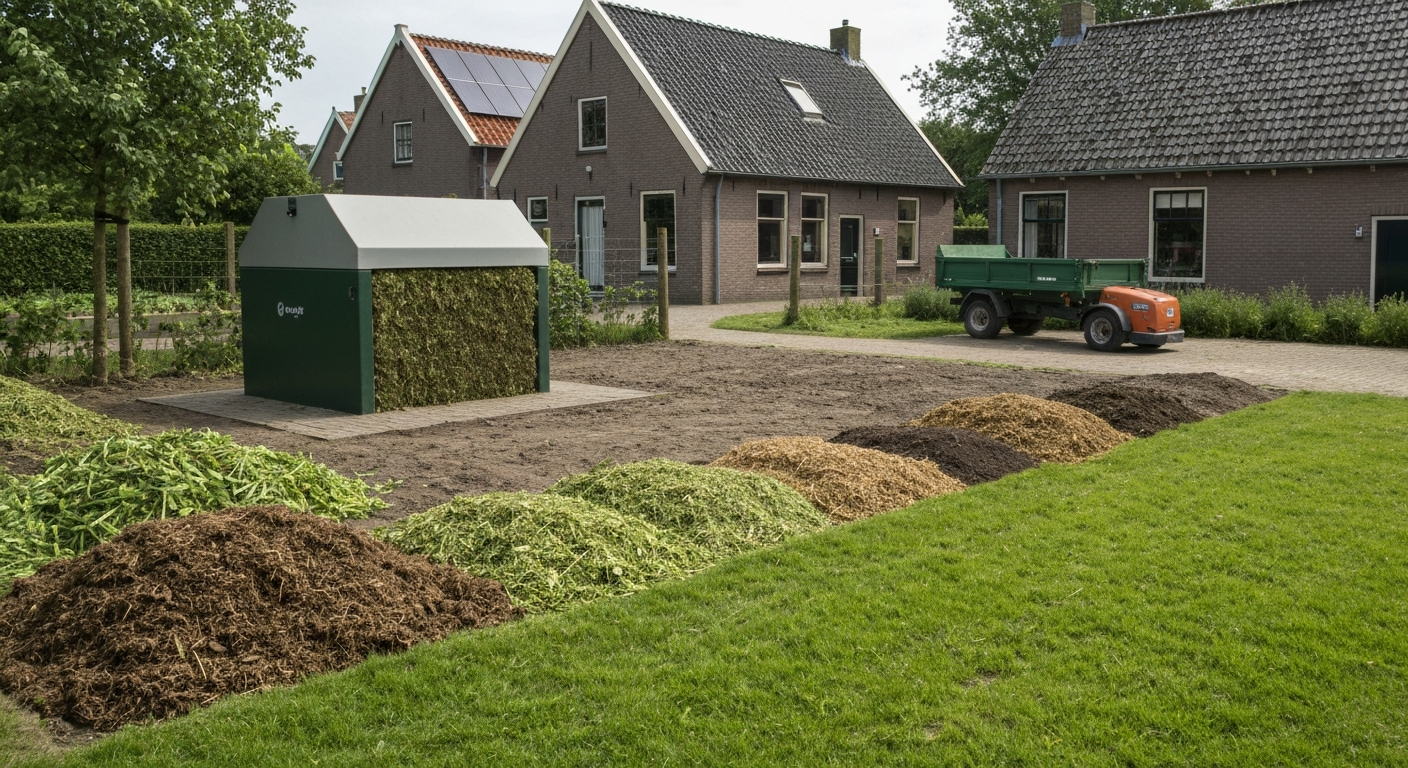 Achtertuin met compacte composthoop waarin lagen van groen gras en bruin materiaal zichtbaar zijn; kruiwagen, hark en robotmaaier op achtergrond, typisch Nederlandse setting.