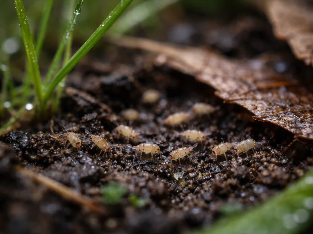 Kleine springstaarten op vochtig gras en tussen bladafval, scherp in de nabijheid