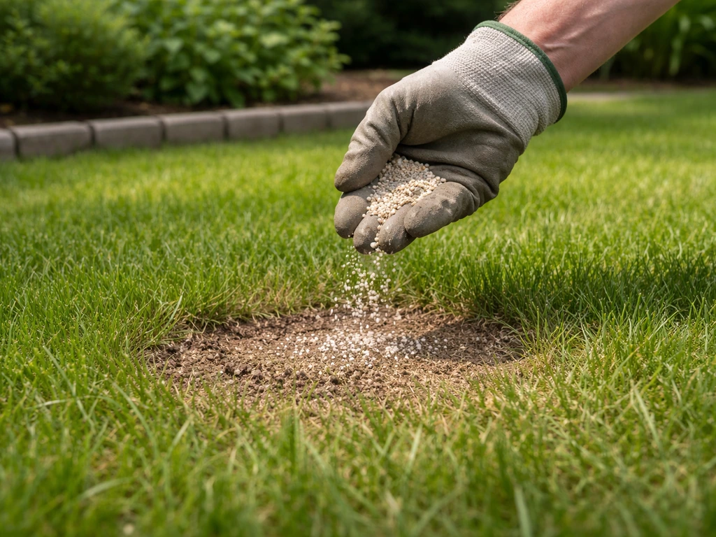 Hand met handschoen die korrels strooit op een specifieke plek in het gazon, gericht tegen vlooien.