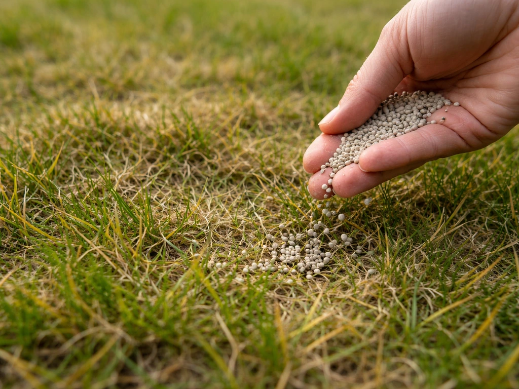 Close-up van een gazon met gele, slap ogende grassprieten terwijl een hand mestkorrels uitstrooit.