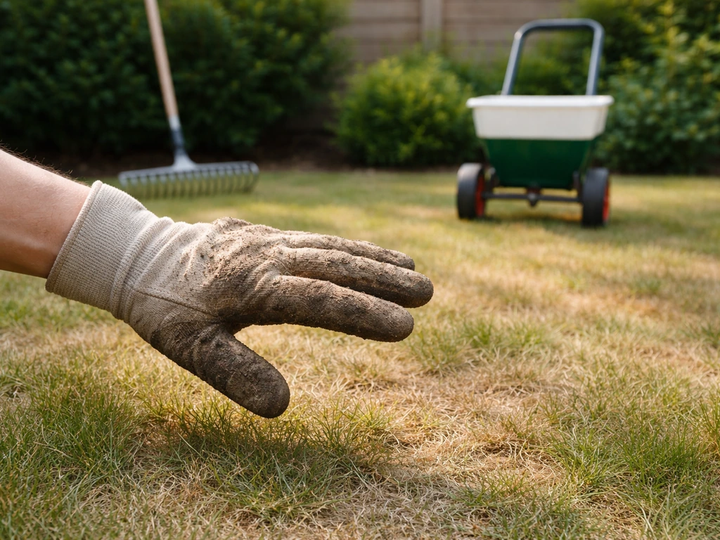 Dorre gazon tijdens droogte met een handschoen die een strooibeurt stopt; op de achtergrond kalk en verticuteren.