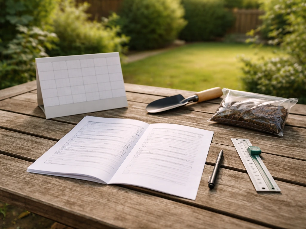 Tuintafel met papieren stappenplan, strooikalender en tuingereedschap voor gazonbeoordeling