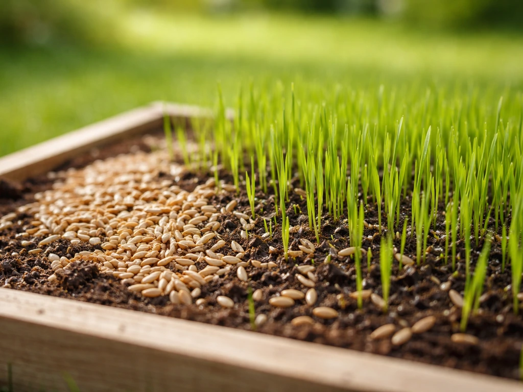 Detailfoto van graszaad en verse gras-spruiten uit een gazonmengsel in een houten bakje