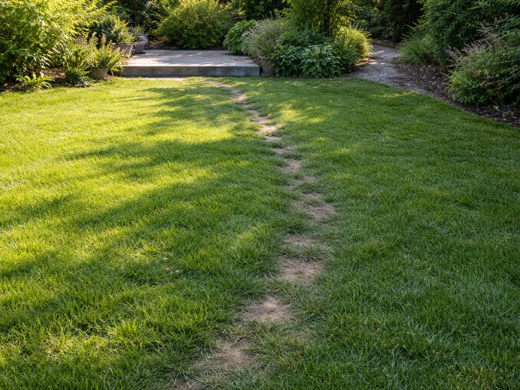 Groen gazon met zichtbare voetstapsporen richting terrasrand, met zonlicht en schaduw contrast