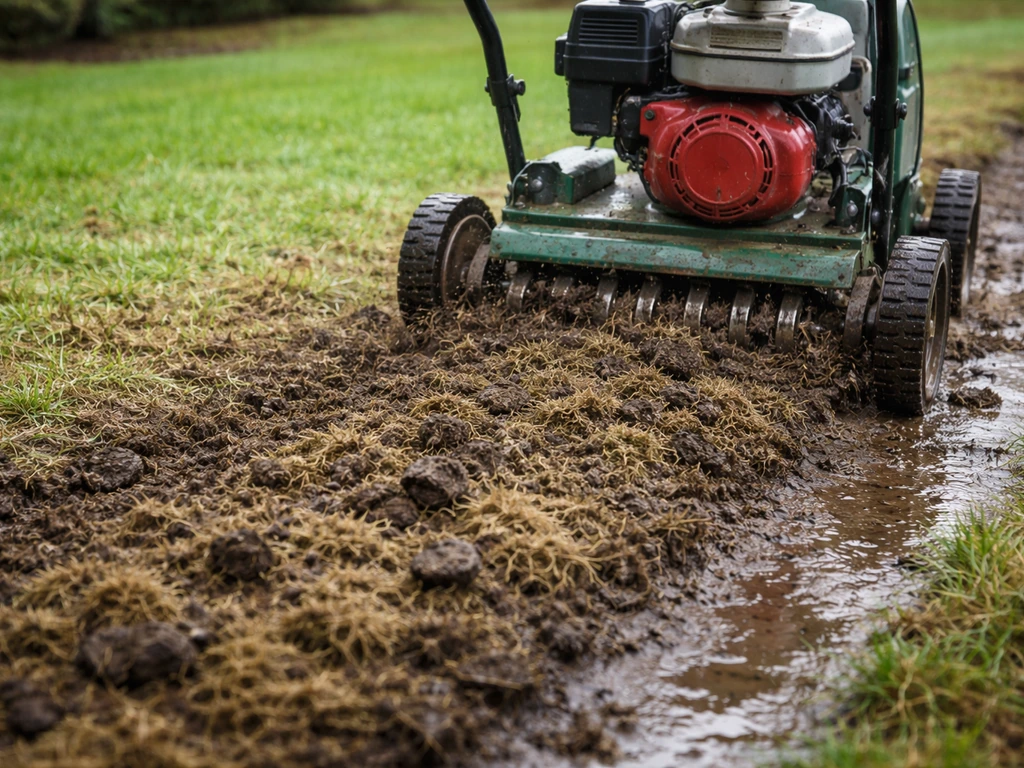 Grasaerateur op een nat gazon dat vilt en losse aarde naar boven brengt na regen