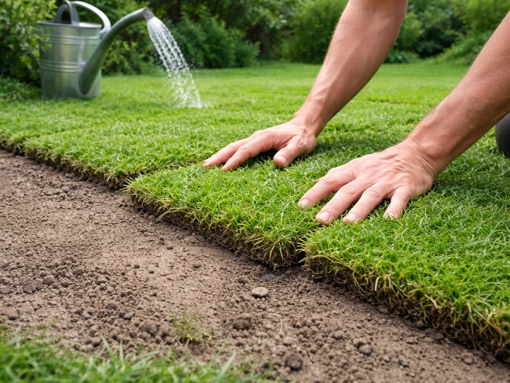 Handen die graszoden op een kale plek leggen, met strakke naden en bewatering voor directe nazorg.