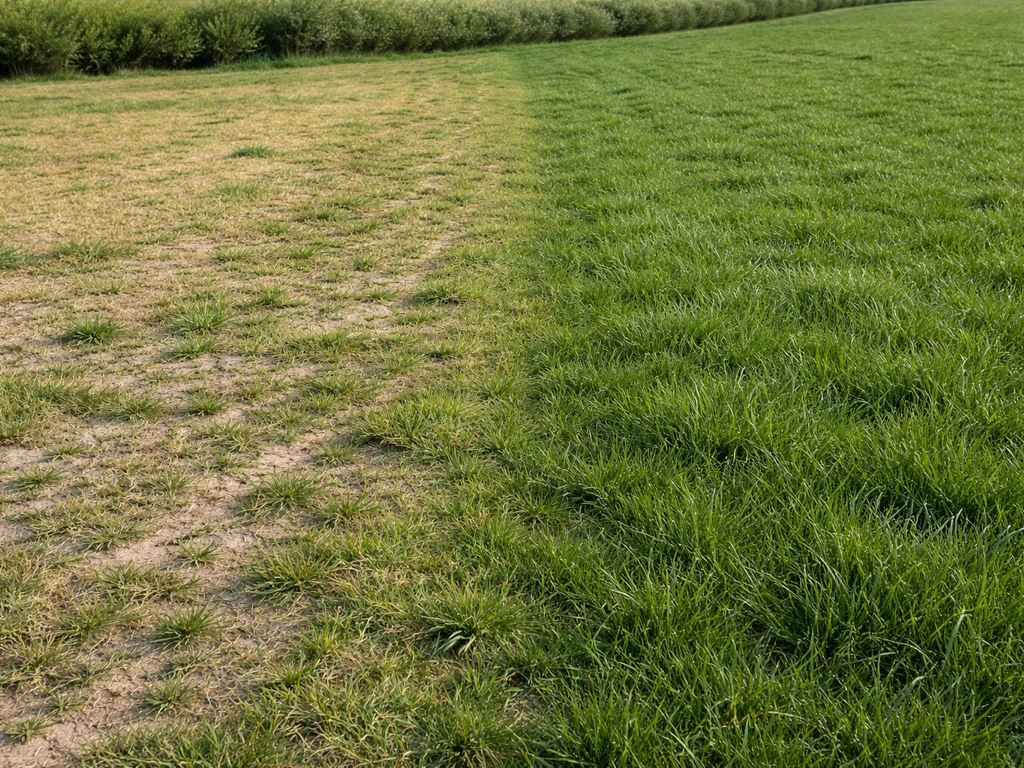 Overzicht van een perceel met drogere zandgrond links en natter/dichtere grasmat rechts.