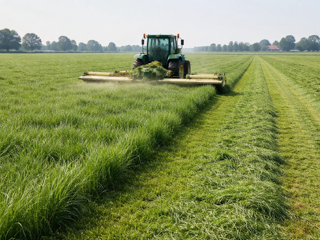Maaiend productiegrasland met zichtbare maaihoogte en gras dat na het maaien weer fris doorloopt.