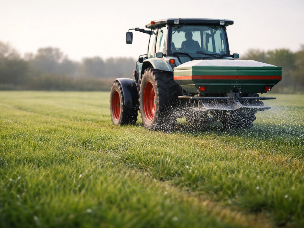 Trekker met kunstmeststrooier op groen grasland, mestkorrels vallen op het perceel.