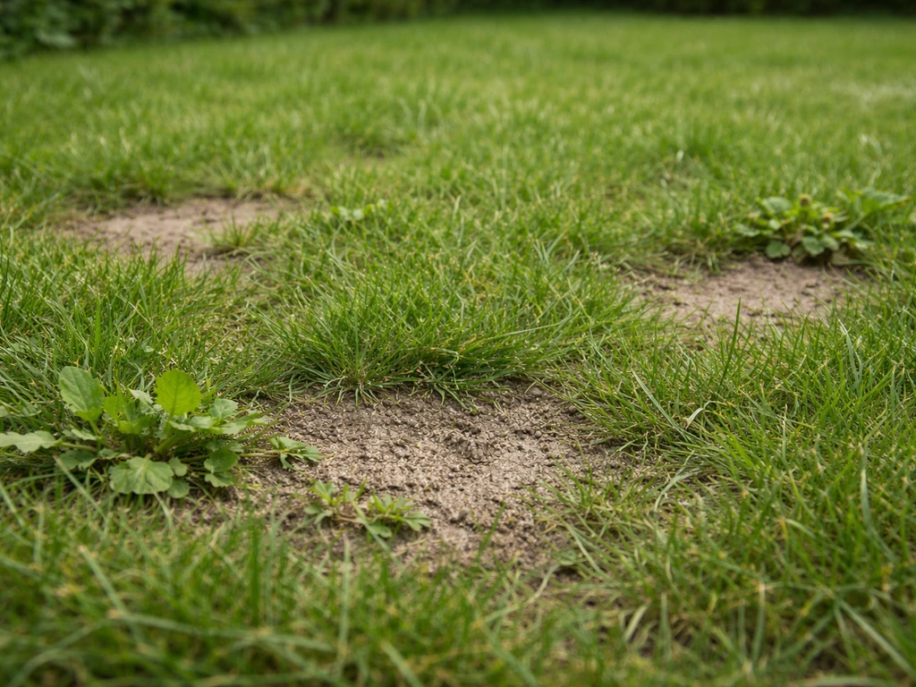Close-up van een grasmat met kale plekken en jonge grasgroei rond onkruid voor onkruidbeheer
