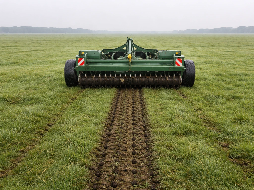 Sleuf-/prikbeluchtingsmachine op grasland met zichtbaar opengewerkte bodem in het spoor.