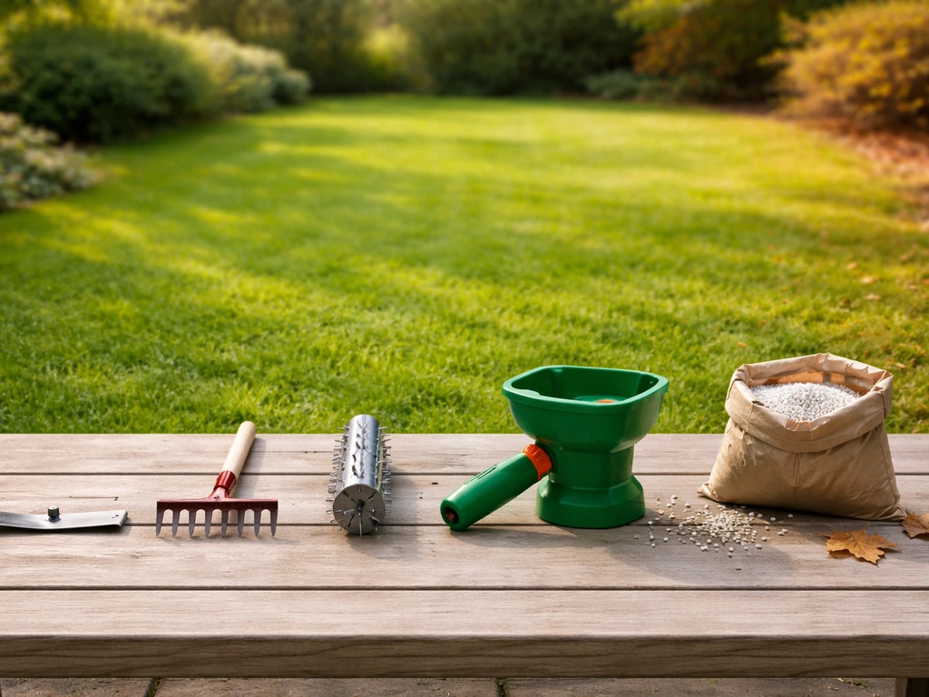 Gazon met vijf kleine tuin-accessoires op volgorde, die maaien, verticuteren, beluchten, doorzaaien en bemesting suggere