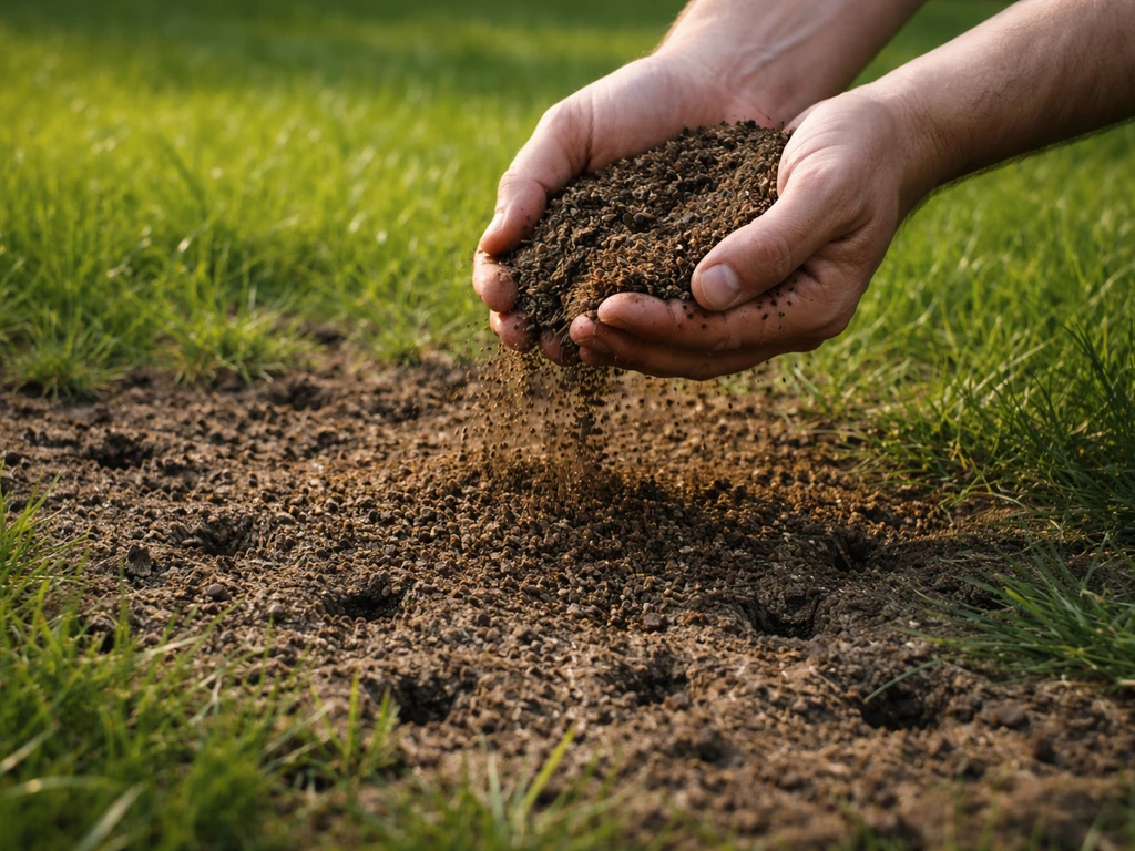 Handen die compost/topdressing strooien na beluchten en doorzaaien op een gazon, met open grond zichtbaar.