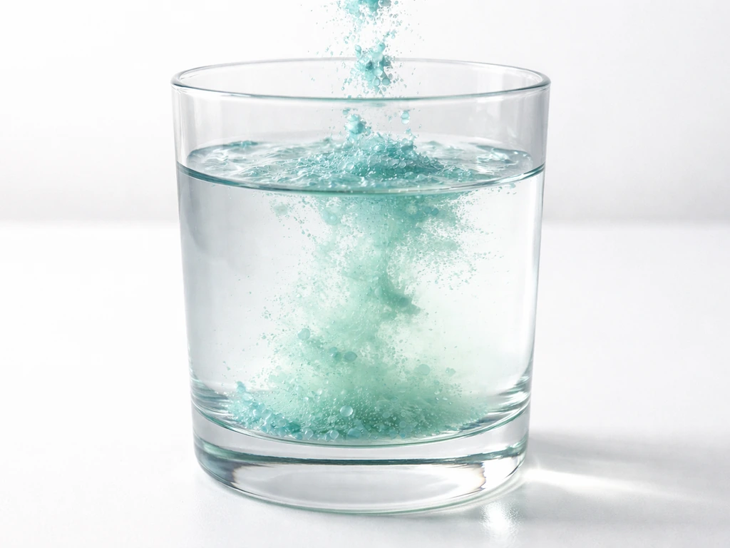 Blauwig-groene ijzer(II)sulfaat poeder die oplost in een glas water, met subtiele druppelende oplossing.