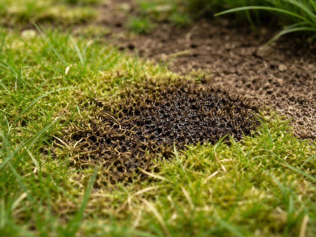 Mos dat na behandeling zwart/donkerbruin verkleurt, met nog groen gras ernaast in een tuin.