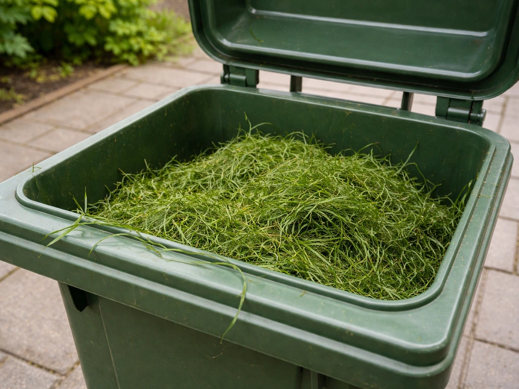 Groene GFT-container met open deksel en gemaaid gras erin, buiten in een rustige tuinomgeving.
