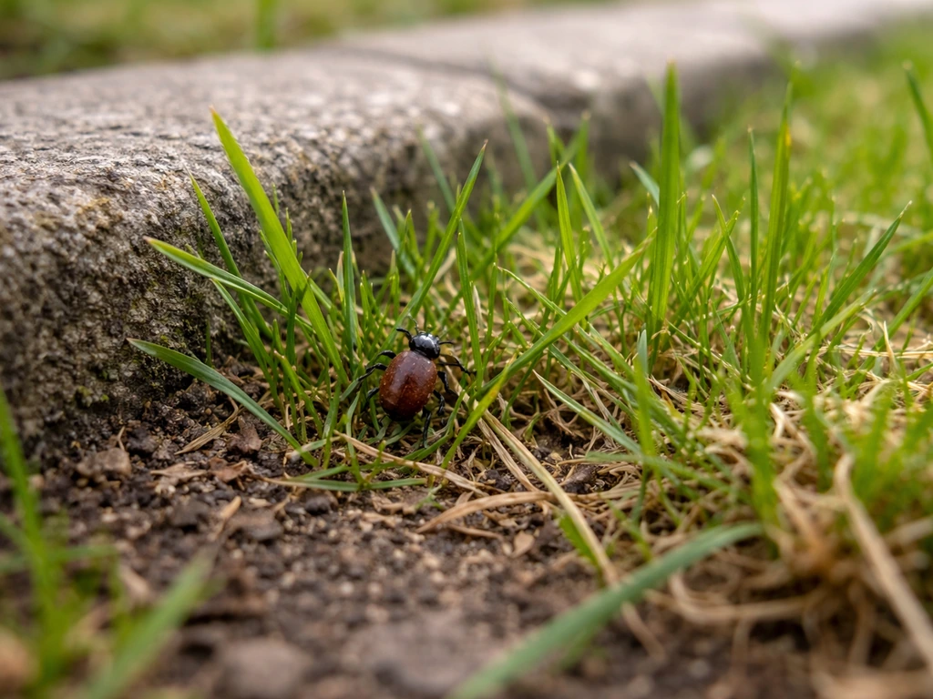 Close-up van teek tussen graspolletjes bij een tuinrand, met zachte achtergrond in natuurlijk licht.