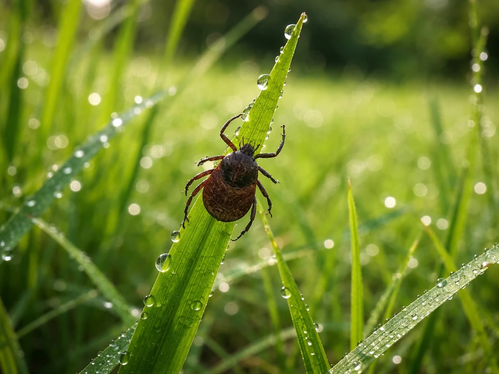Een teek op een groen grassprietje met dauwdruppels, tuinachtig en duidelijk zichtbaar.