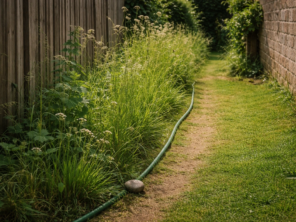 Tuinrand met hoog gras langs hek en muur, met pad op de achtergrond en overgang naar loopzone.
