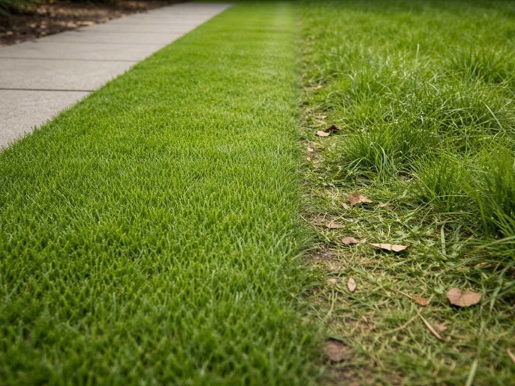 Nette, regelmatig gemaaide gazonstrip (4–6 cm) met een langere, overwoekerde rand als contrast