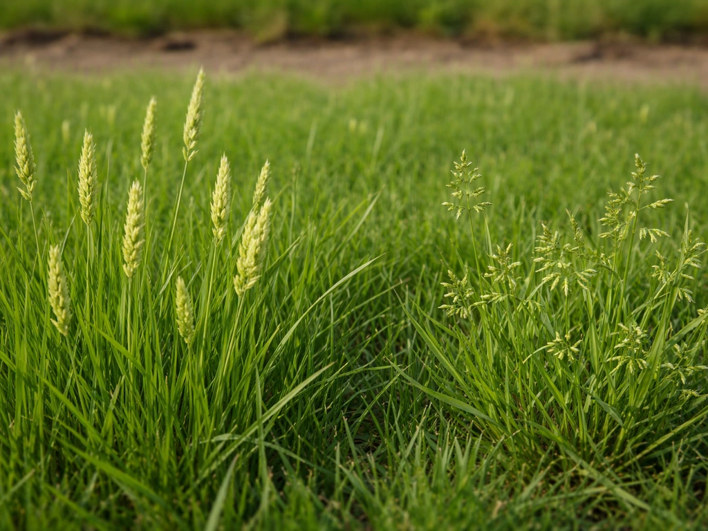 Close-up van bloeiende gazongrassen met aren naast onkruidgras, in één simpel tuinbeeld.