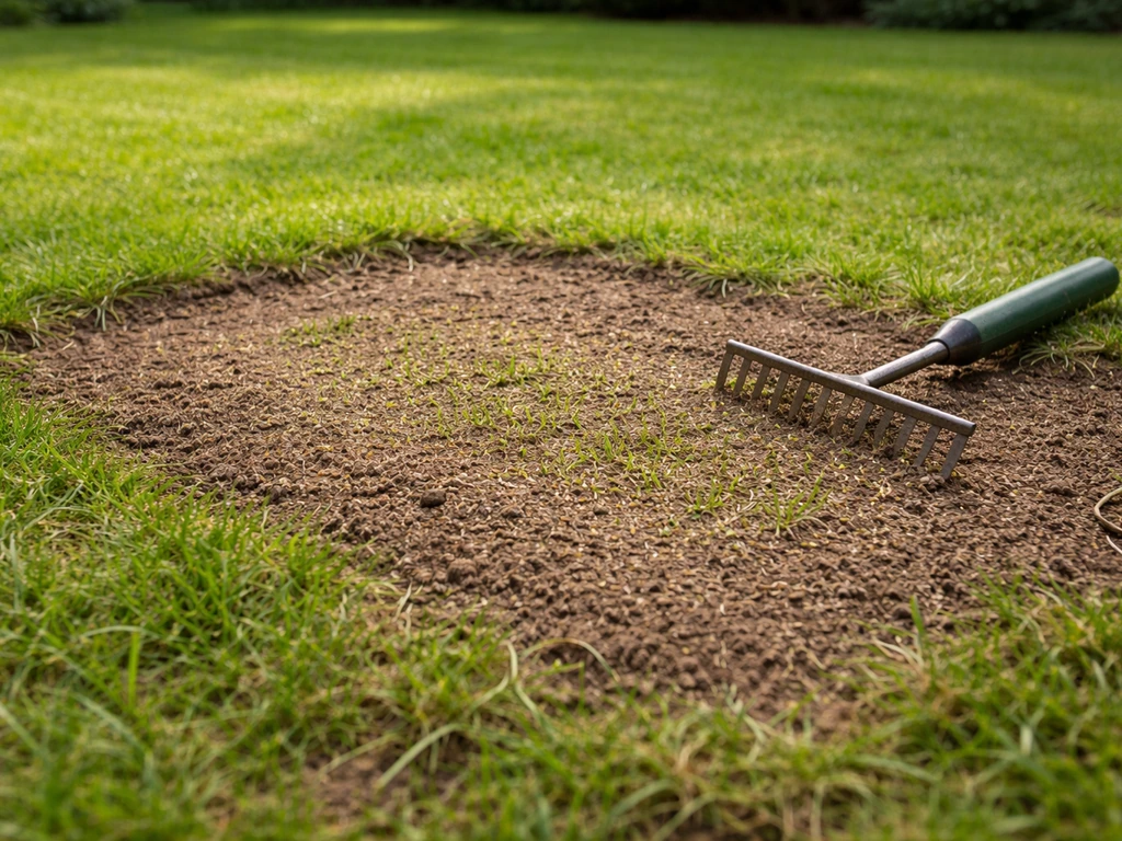 Kale plek in gazon na verwijderen en doorzaaien, met verse graszodden/zaad en een handhark op de achtergrond.
