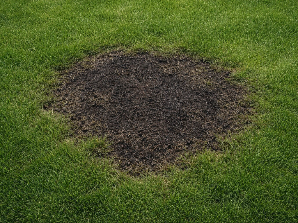 Bovenaanzicht van een Nederlands gazon met zwarte plekken en daaromheen gezond groen gras, met subtiele verdichting