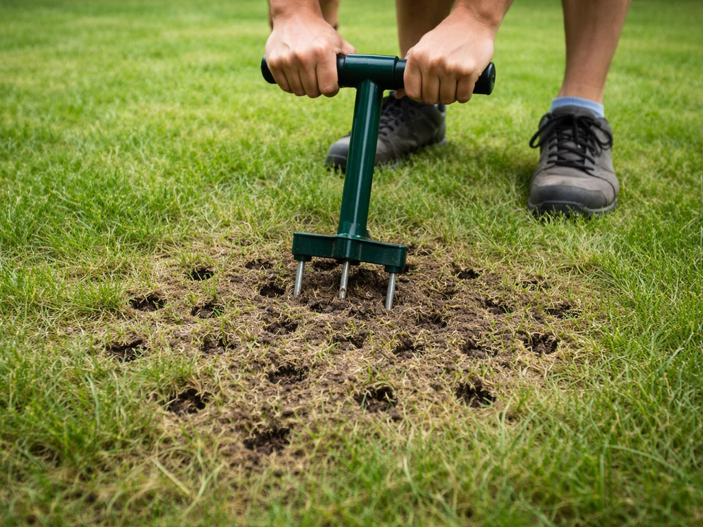 Persoon prikt met een gazonprikker in het gras; zichtbare prikgaten laten verdichting doorbreken.
