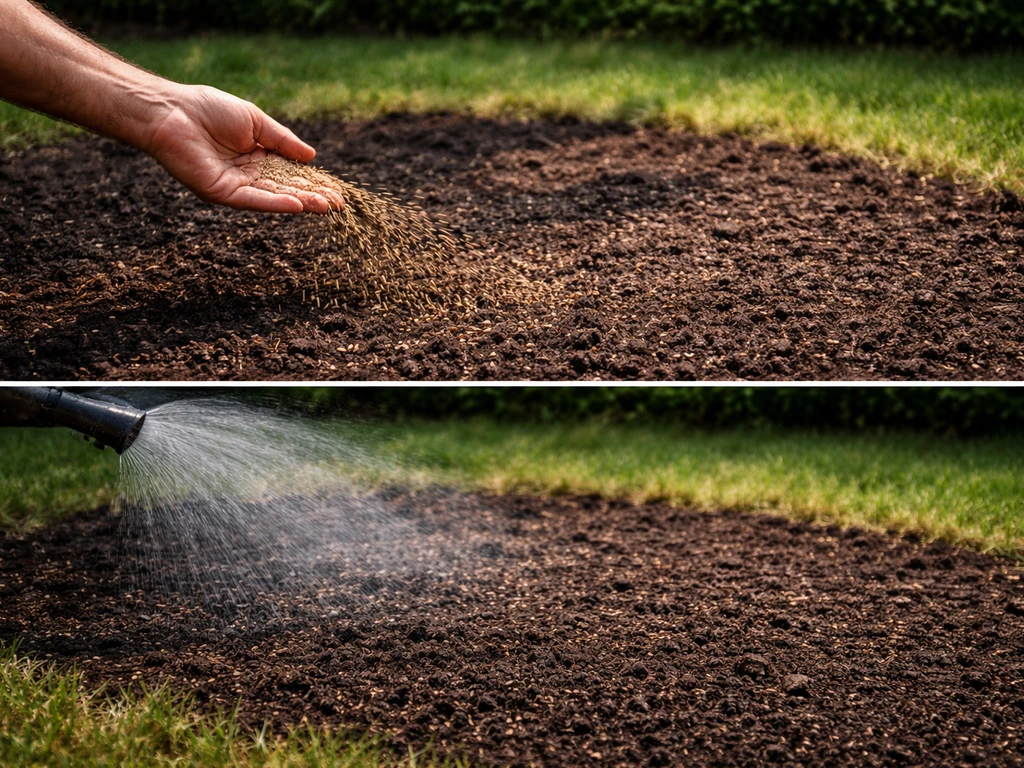 Anonieme hand zaait graszaad in een kale plek, met dun laagje dekgrond en lichte beregening.