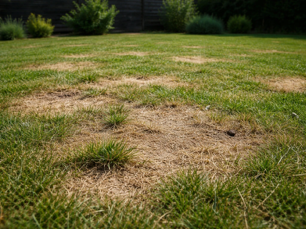 Nederlands gazon met duidelijk verbrand gras en nog groen gras, met kale plekken voor snelle herkenning.