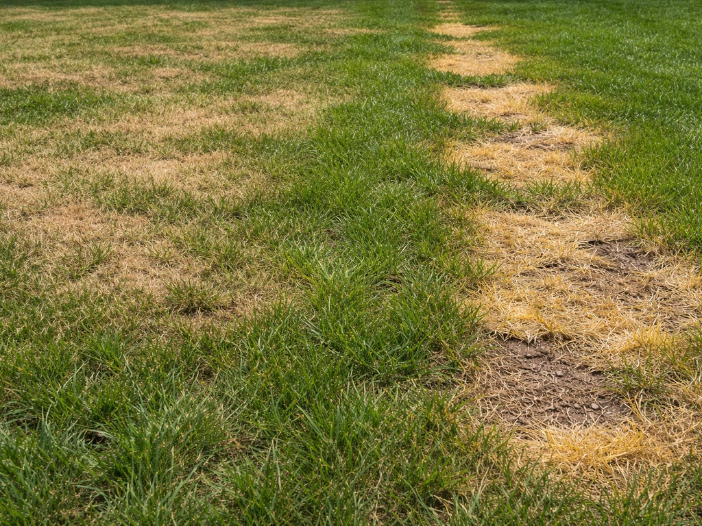 Close-up van een gazon met verbrand gras: diffuus bruine plekken en scherp afgebakende gele/bruine vlekken.